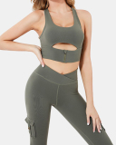 2021 Women's Tracksuit 2 Piece Set Zipper Padded Bra Push Up Leggings With Pockets Nylon Women Gym Workout Clothes Yoga Sets XL