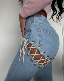 Fashion New Hot Style Sexy Lace-Up Washed Straight Jeans Solid Color S-XL