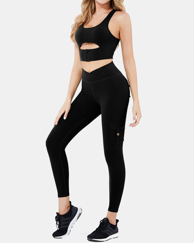 2021 Women's Tracksuit 2 Piece Set Zipper Padded Bra Push Up Leggings With Pockets Nylon Women Gym Workout Clothes Yoga Sets XL