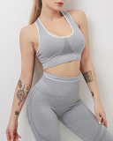 Woman Seamless Knitted Beauty Back High Waist Peach Hip Sports Running Two-Piece Yoga Suit S-L