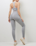 INS Style Running Sports Top Tights Sports Vest Fitness Striped Yoga Two-Piece Suit S-L
