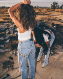 Fashion New Hot Style Sexy Lace-Up Washed Straight Jeans Solid Color S-XL