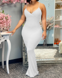 Women Solid Color V-Neck High Split One Piece Dress S-2XL 