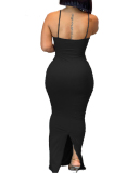Women Solid Color V-Neck High Split One Piece Dress S-2XL 