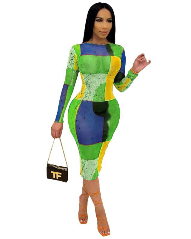 Long Sleeve Printed Slim Bodycon Dress S-XXL
