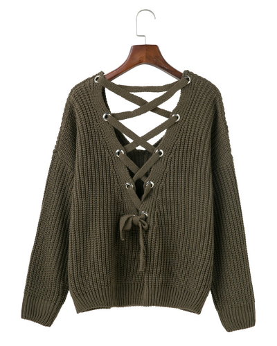 Women Sexy Double V Neck Back Cross Band Hollowed-out Long Sleeve Sweater