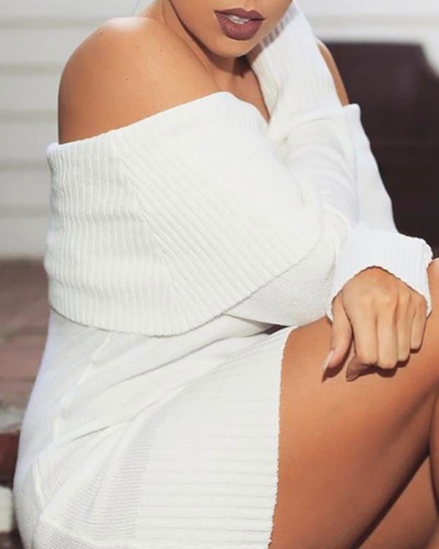 Woman Dew Shoulder Sexy Slim Body Wool Dress Knit Sweater 