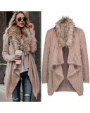 Women Fur Collar Knitted Sweater Coat Khaki Black S-2XL
