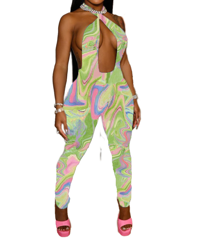 New Fashion Lace-Up Corrugated Printing Cross Halter Neckline Open Back Halter Jumpsuit S-XL