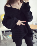 Lady V-Neck Solid Color Warm Comfortable Sweater Tops Gray Black Red Green 