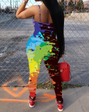Ladies Fashion New Graffiti Printed Low-Cut Sling Skinny Jumpsuit S-XXL
