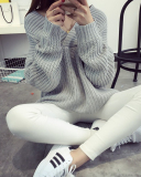 Lady V-Neck Solid Color Warm Comfortable Sweater Tops Gray Black Red Green 