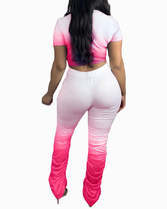 Ladies Fashion Hot-Selling Gradient Color V-Neck Short-Sleeved Pleated Trousers Waist Lace Torn Hole Two-Pieces S-XXL