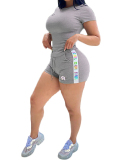 Ladies Letter Printed Solid Color Shorts Waist Tie Casual Two-Piece Set S-XXXL
