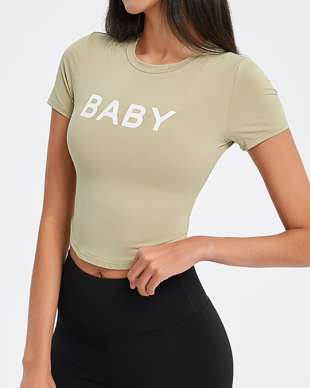 Women's Spandex Nude Sports T-shirt Women's Letters Slim and Thin Yoga Wear Running Short Sleeve Fitness Top