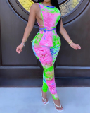Fashion New Style Tie-Dye Printing Sleeveless Side Hollow Waist Waistband Pleated Pencil Pants Suit S-XXXXL