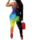 Ladies Fashion New Graffiti Printed Low-Cut Sling Skinny Jumpsuit S-XXL
