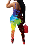 Ladies Fashion New Graffiti Printed Low-Cut Sling Skinny Jumpsuit S-XXL