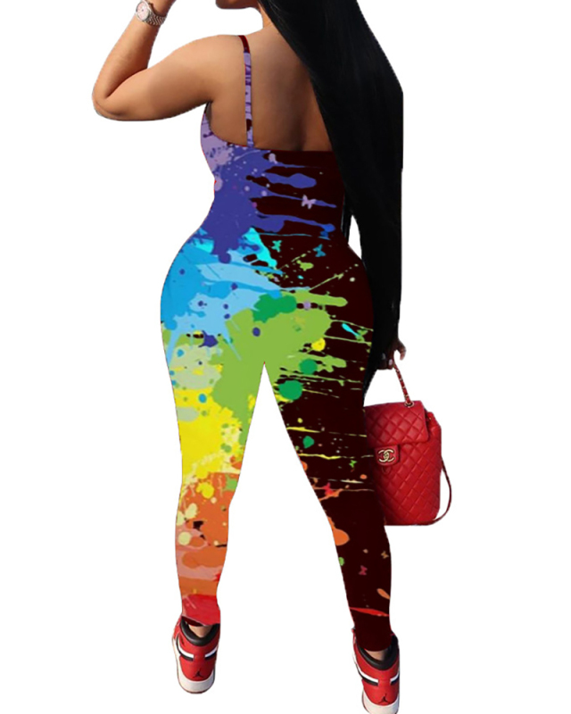 Ladies Fashion New Graffiti Printed Low-Cut Sling Skinny Jumpsuit S-XXL