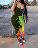 Ladies Fashion New Graffiti Printed Low-Cut Sling Skinny Jumpsuit S-XXL