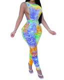 Fashion New Style Tie-Dye Printing Sleeveless Side Hollow Waist Waistband Pleated Pencil Pants Suit S-XXXXL