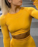 Woman Hollow Breathable Fitness Long-Sleeved Quick-Frying Umbilical Sportswear Tight-Fitting Thumb Hole Yoga Top S-L