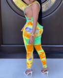 Fashion New Style Tie-Dye Printing Sleeveless Side Hollow Waist Waistband Pleated Pencil Pants Suit S-XXXXL