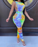 Fashion New Style Tie-Dye Printing Sleeveless Side Hollow Waist Waistband Pleated Pencil Pants Suit S-XXXXL