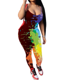 Ladies Fashion New Graffiti Printed Low-Cut Sling Skinny Jumpsuit S-XXL