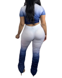 Ladies Fashion Hot-Selling Gradient Color V-Neck Short-Sleeved Pleated Trousers Waist Lace Torn Hole Two-Pieces S-XXL