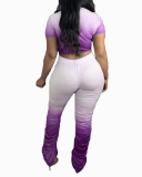Ladies Fashion Hot-Selling Gradient Color V-Neck Short-Sleeved Pleated Trousers Waist Lace Torn Hole Two-Pieces S-XXL