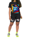 Fashion Summer New Products Ladies Sexy Lips Kiss Me Casual Two-Piece Suit S-XXXXL