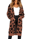 Women Leopard Printing Warm Sweater Coats Khaki Yellow Red Gray Black S-3XL 