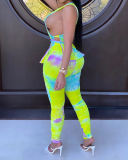 Fashion New Style Tie-Dye Printing Sleeveless Side Hollow Waist Waistband Pleated Pencil Pants Suit S-XXXXL