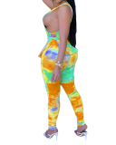 Fashion New Style Tie-Dye Printing Sleeveless Side Hollow Waist Waistband Pleated Pencil Pants Suit S-XXXXL