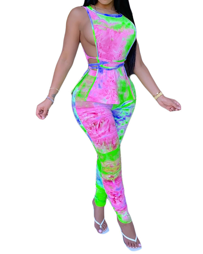 Fashion New Style Tie-Dye Printing Sleeveless Side Hollow Waist Waistband Pleated Pencil Pants Suit S-XXXXL
