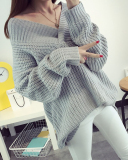 Lady V-Neck Solid Color Warm Comfortable Sweater Tops Gray Black Red Green 