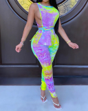 Fashion New Style Tie-Dye Printing Sleeveless Side Hollow Waist Waistband Pleated Pencil Pants Suit S-XXXXL