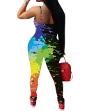 Ladies Fashion New Graffiti Printed Low-Cut Sling Skinny Jumpsuit S-XXL