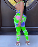 Fashion New Style Tie-Dye Printing Sleeveless Side Hollow Waist Waistband Pleated Pencil Pants Suit S-XXXXL