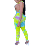 Fashion New Style Tie-Dye Printing Sleeveless Side Hollow Waist Waistband Pleated Pencil Pants Suit S-XXXXL