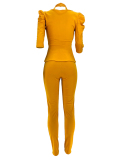 Woman Fashion Halter Puff Sleeve Ruffle Solid Color Two-Piece Set S-XL