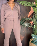 Ladies Fashion Zipper Waist Strap Flared Pants Sexy Line Long Sleeve Two-Piece Suit S-XXL