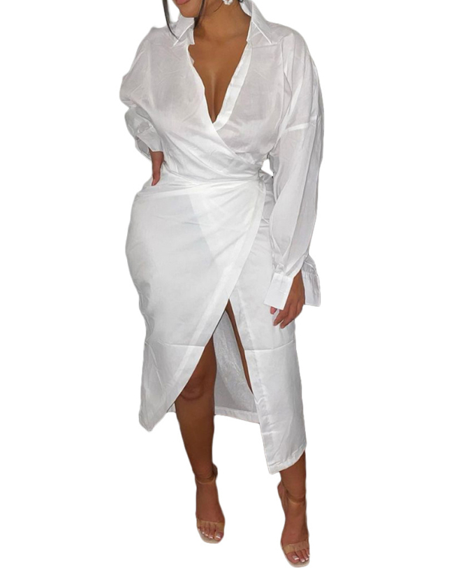 Woman Fashion Solid Color Tie Split Mid-Skirt Dress S-XL