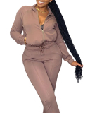 Ladies Fashion Zipper Waist Strap Flared Pants Sexy Line Long Sleeve Two-Piece Suit S-XXL