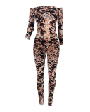Woman Sexy Leopard Print Drawstring Pleated One Shoulder Jumpsuit S-XL