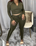 Ladies Hot-Selling New Style Personality Line Zipper Waist Tie Long-Sleeved Trousers Two-Piece Suit S-XXL