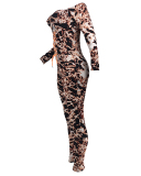 Woman Sexy Leopard Print Drawstring Pleated One Shoulder Jumpsuit S-XL