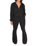 Ladies Fashion Zipper Waist Strap Flared Pants Sexy Line Long Sleeve Two-Piece Suit S-XXL