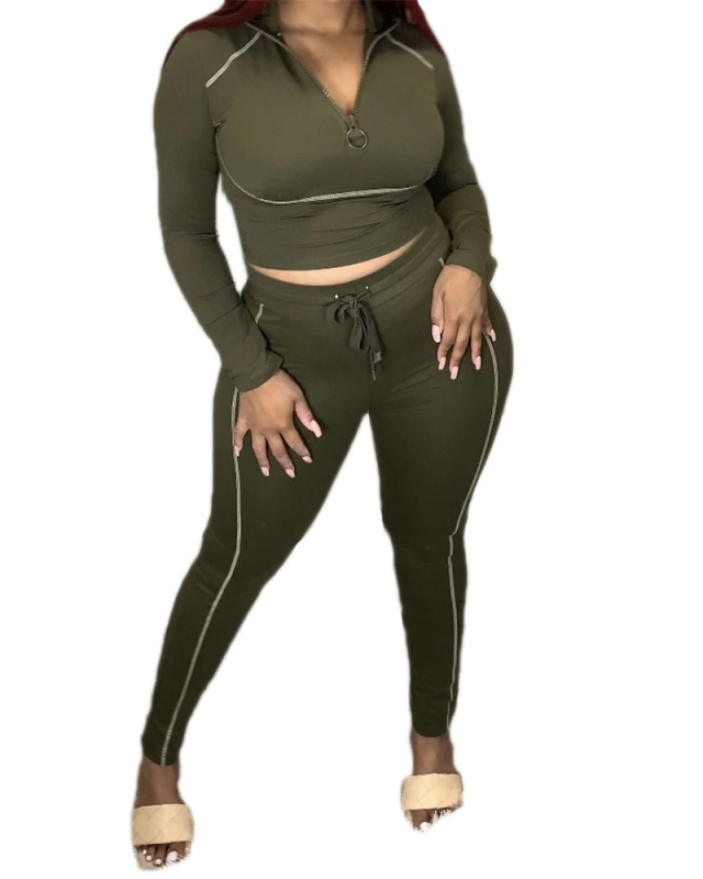 Ladies Hot-Selling New Style Personality Line Zipper Waist Tie Long-Sleeved Trousers Two-Piece Suit S-XXL
